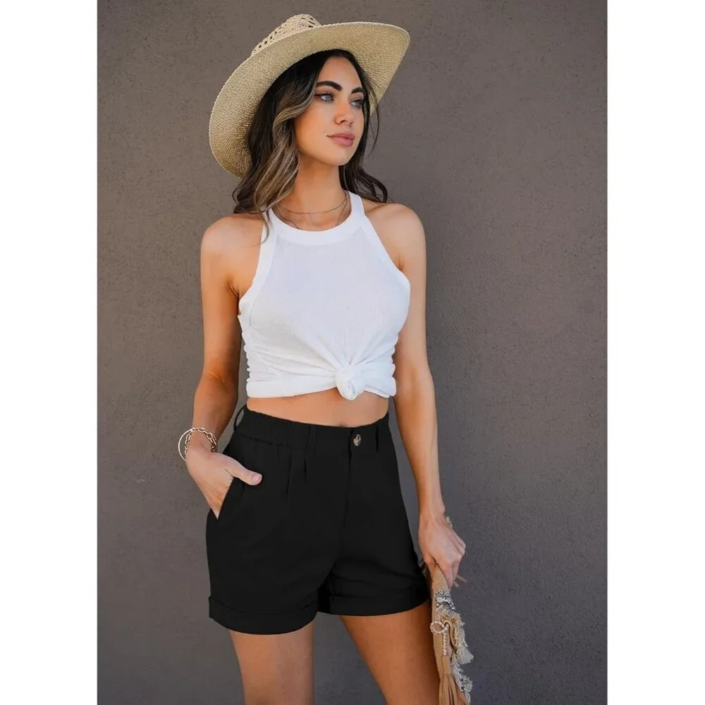 Women's Black High Waisted Cotton Stretch Elastic Waist Pleated Summer Shorts